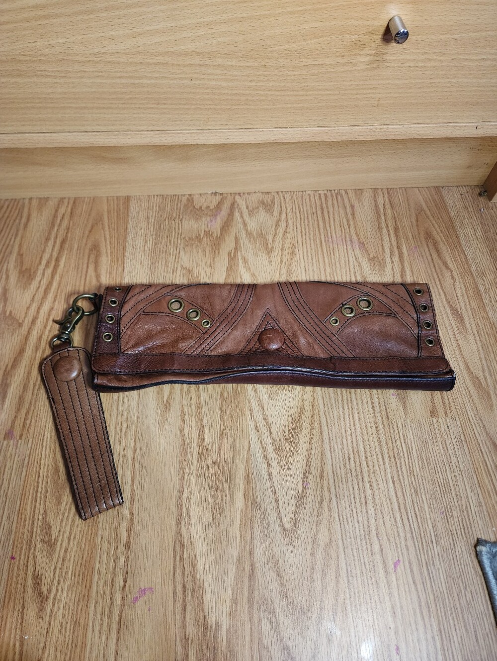 Vintage Y2K Betsey Johnson Brown Leather Clutch Gold Accents